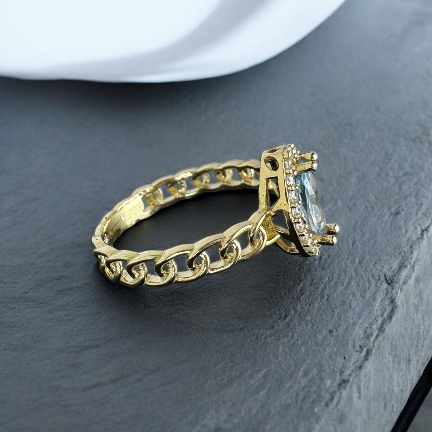 ANILLO PARA DAMA ESLABON CHINO CON PIEDRA AZUL EN ORO 10 K