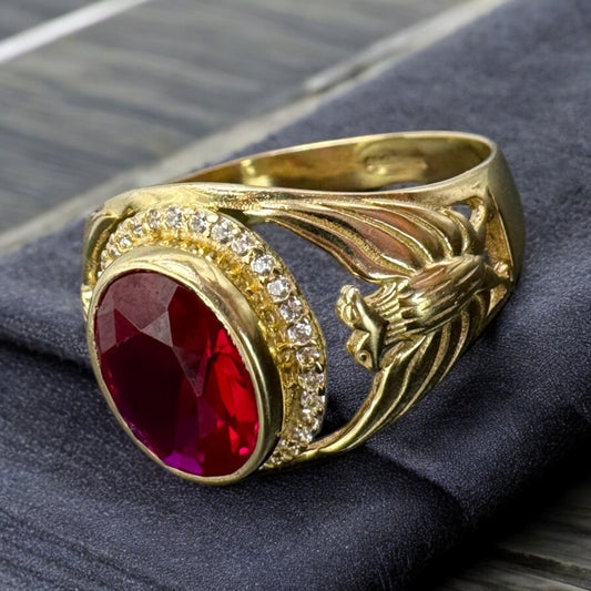 ANILLO DE CABALLERO CON UNA PERLA ROJA EN ORO MEXICANO 10 K
