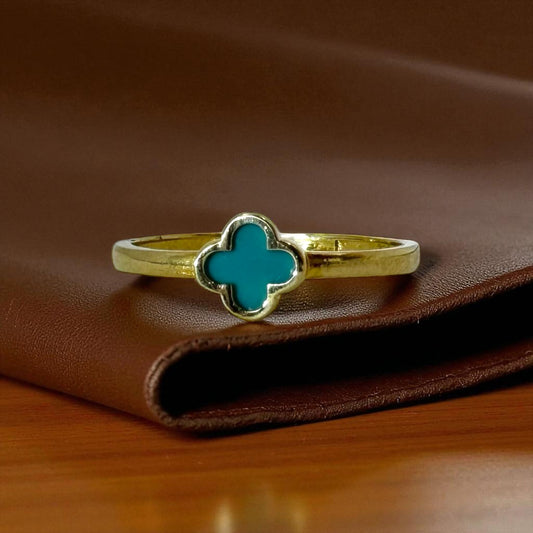 ANILLO CON UN TREBOL TURQUESA EN ORO MEXICANO 10 K