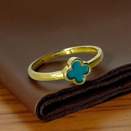 ANILLO CON UN TREBOL TURQUESA EN ORO MEXICANO 10 K