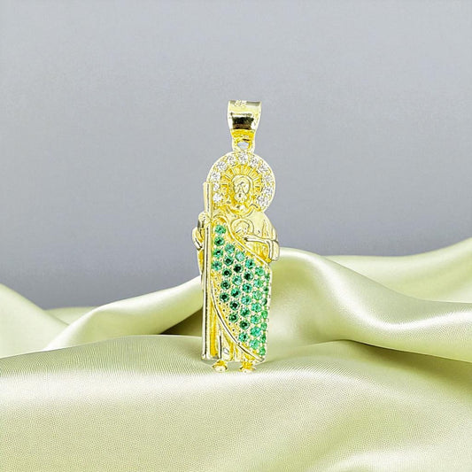 DIJE SAN JUDAS CON ZIRCONIAS VERDES EN ORO MEXICANO 10 K
