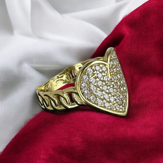 ANILLO ESLABON CHINO CORAZON BRILLOSO EN ORO 10 K