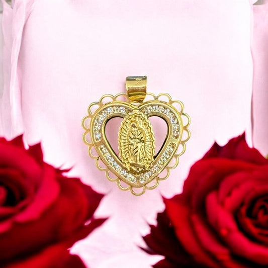 DIJE VIRGEN EN CORAZON EN ORO MEXICANO 10 K