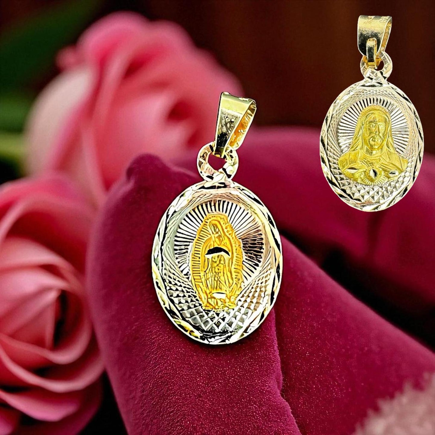 ESCAPULARIOS VIRGEN Y JESUS EN ORO MEXICANO 10 K